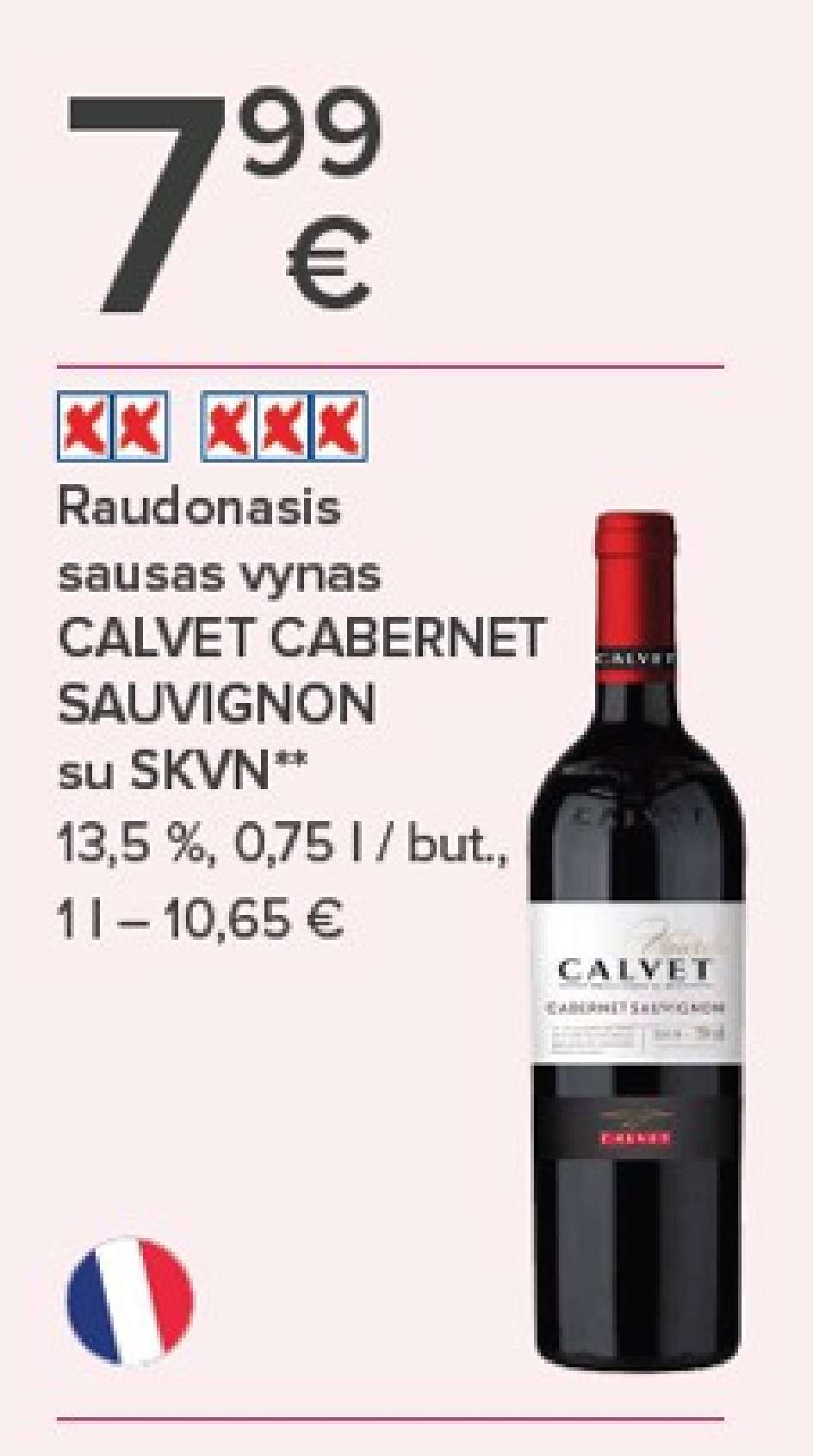 Raudonasis sausas vynas CALVET CABERNET SAUVIGNON su SKVN, 0.75 l