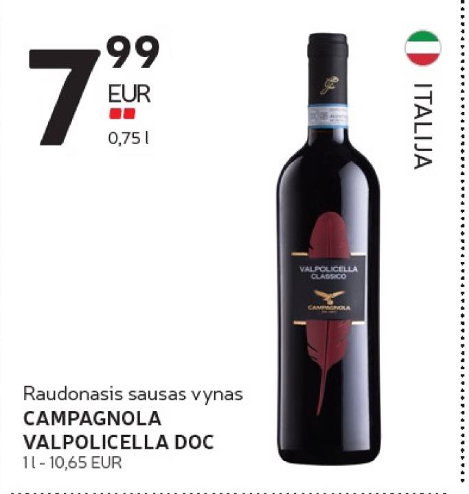 Raudonasis sausas vynas CAMPAGNOLA VALPOLICELLA DOC, 0.75 l