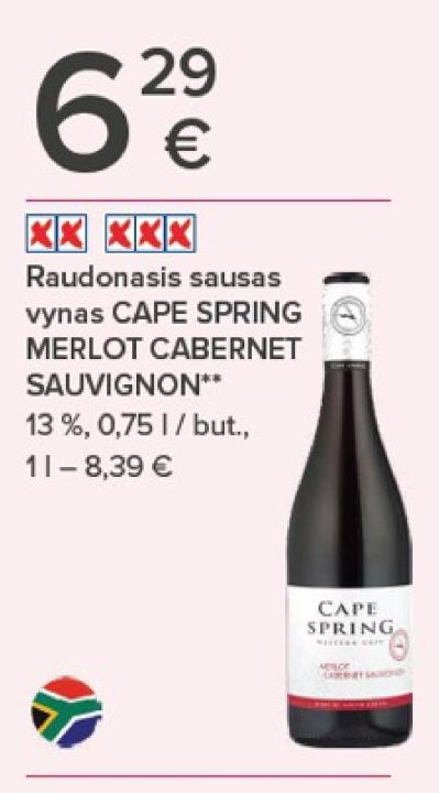 Raudonasis sausas vynas CAPE SPRING MERLOT CABERNET SAUVIGNON, 0.75 l
