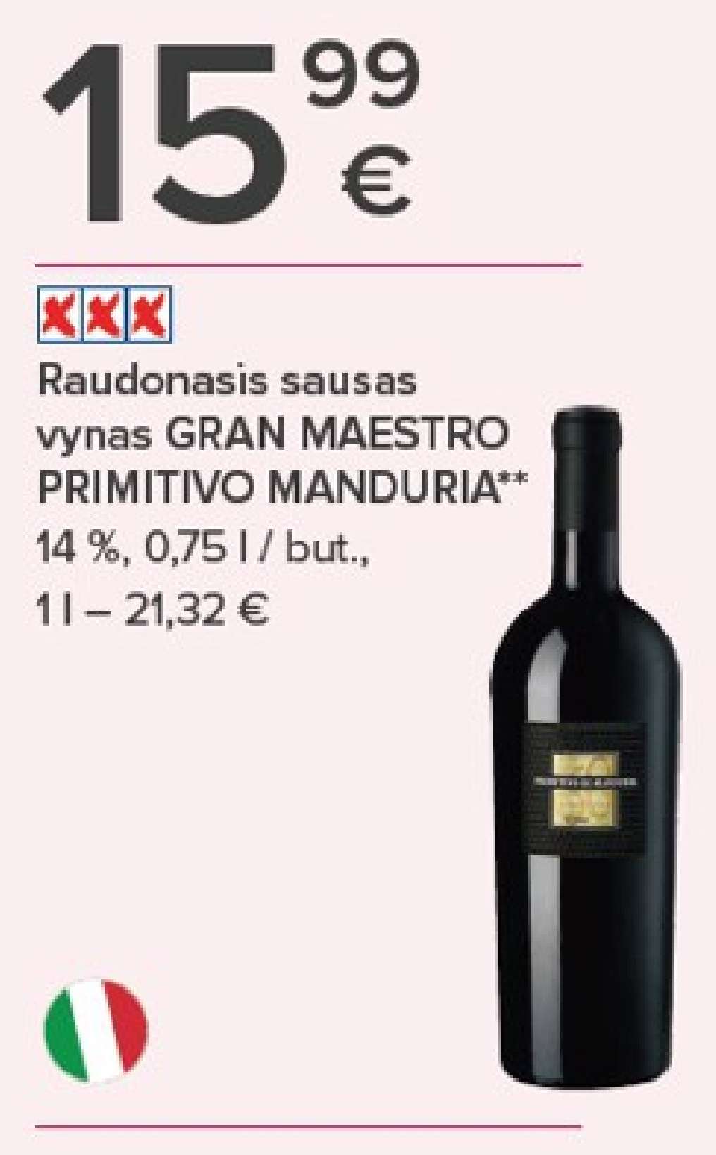 Raudonasis sausas vynas GRAN MAESTRO PRIMITIVO MANDURIA, 0.75 l