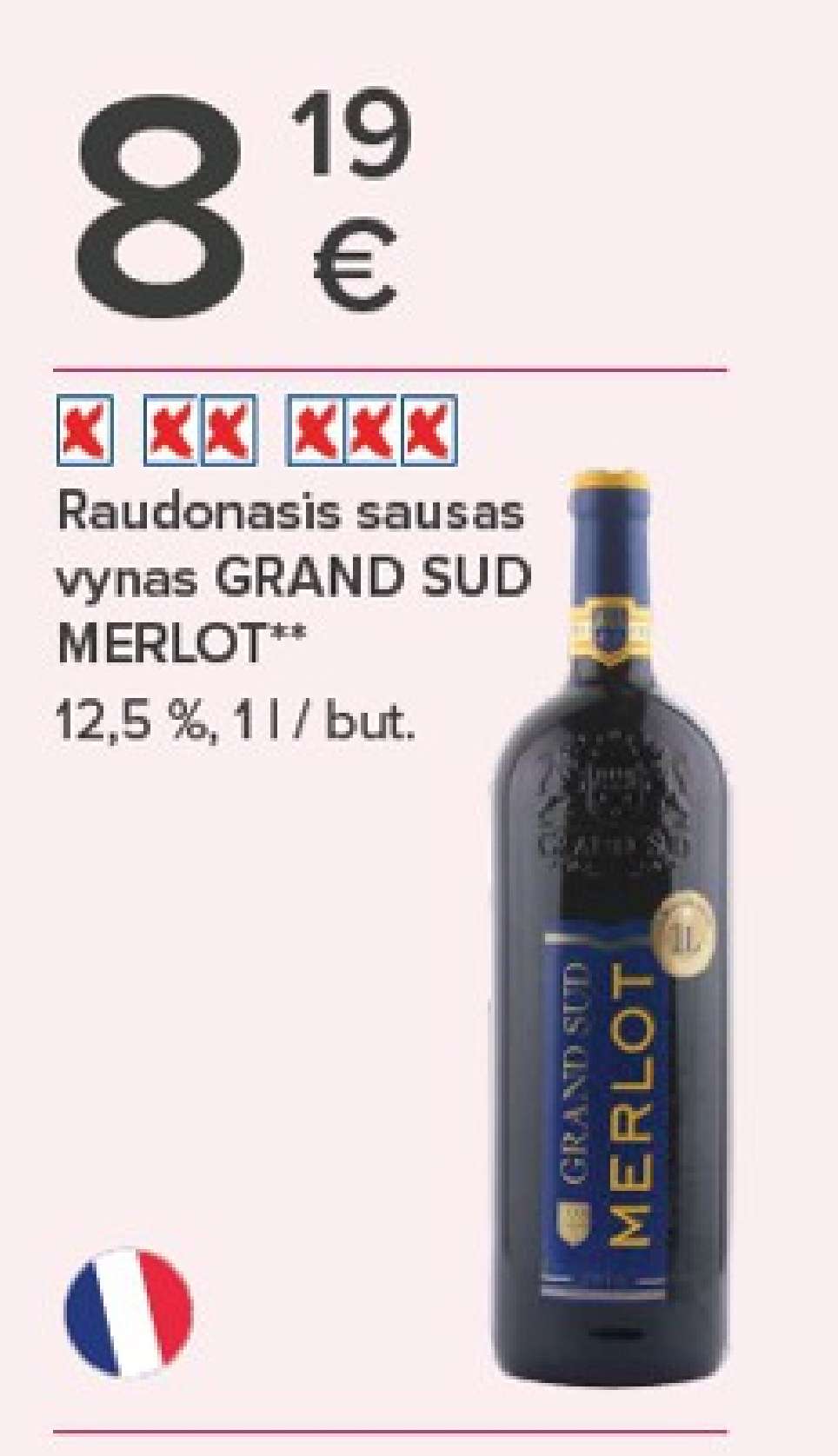 Raudonasis sausas vynas GRAND SUD MERLOT, 1 l