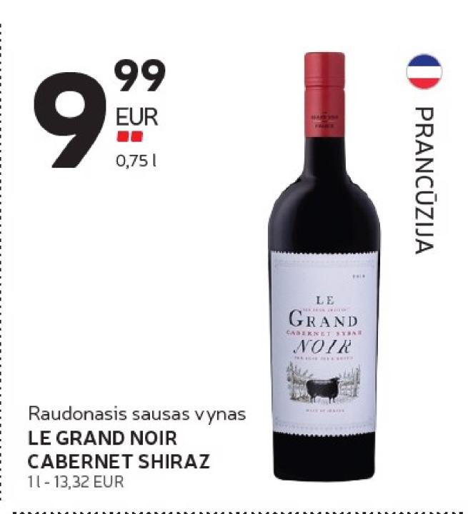 Raudonasis sausas vynas LE GRAND NOIR CABERNET SHIRAZ, 0.75 l