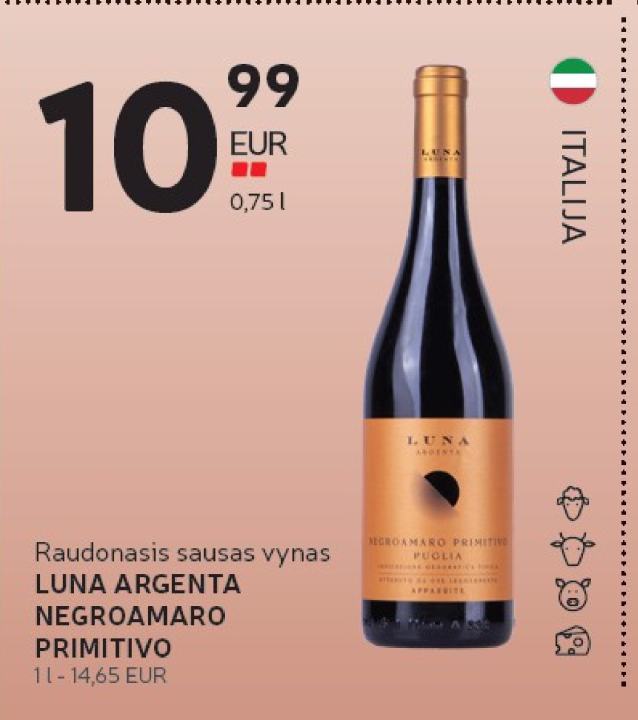 Raudonasis sausas vynas LUNA ARGENTA NEGROAMARO PRIMITIVO, 0.75 l