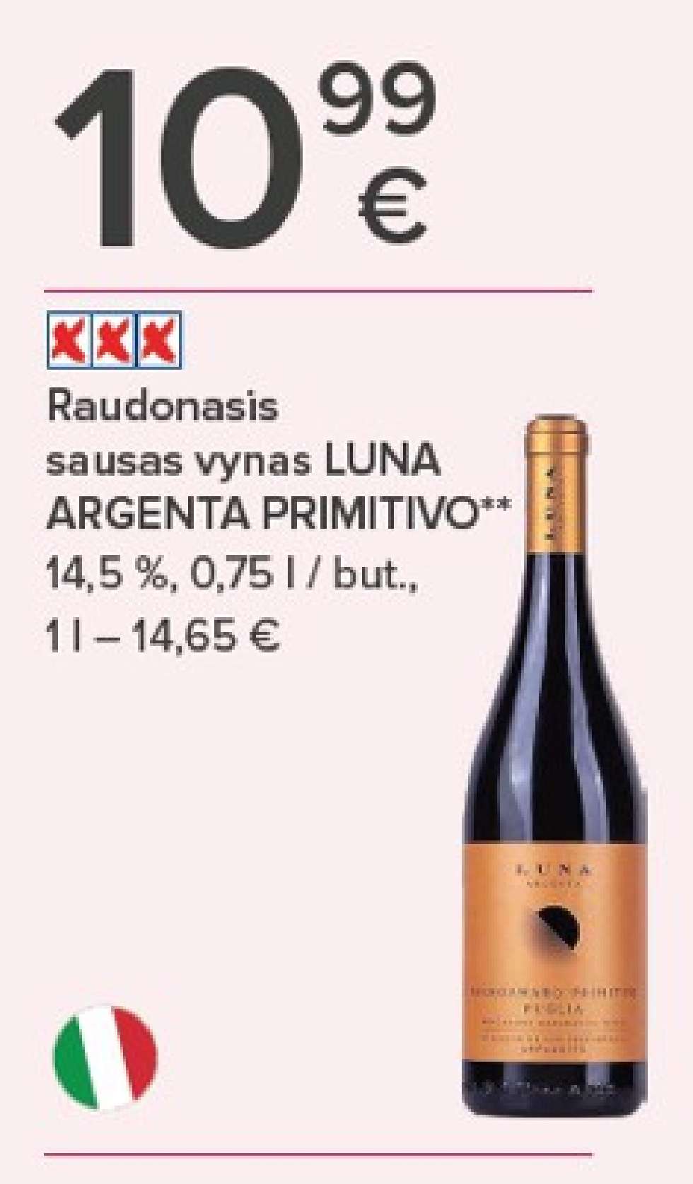 Raudonasis sausas vynas LUNA ARGENTA PRIMITIVO, 0.75 l