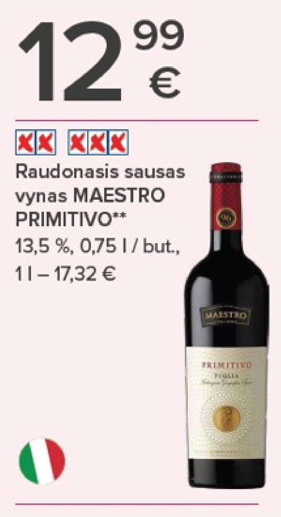 Raudonasis sausas vynas MAESTRO PRIMITIVO, 0.75 l