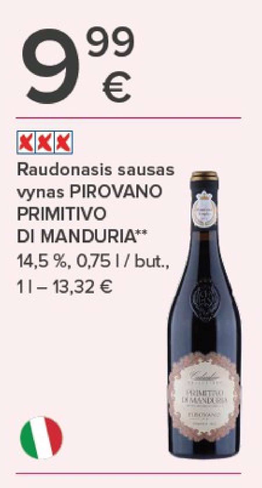 Raudonasis sausas vynas PIROVANO PRIMITIVO DI MANDURIA, 0.75 l