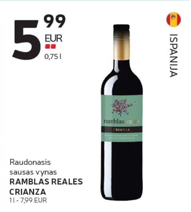 Raudonasis sausas vynas RAMBLAS REALES CRIANZA, 0.75 l