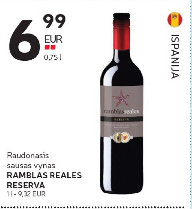 Raudonasis sausas vynas RAMBLAS REALES RESERVA, 0.75 l