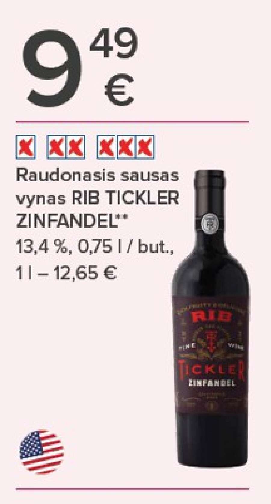 Raudonasis sausas vynas RIB TICKLER ZINFANDEL, 0.75 l