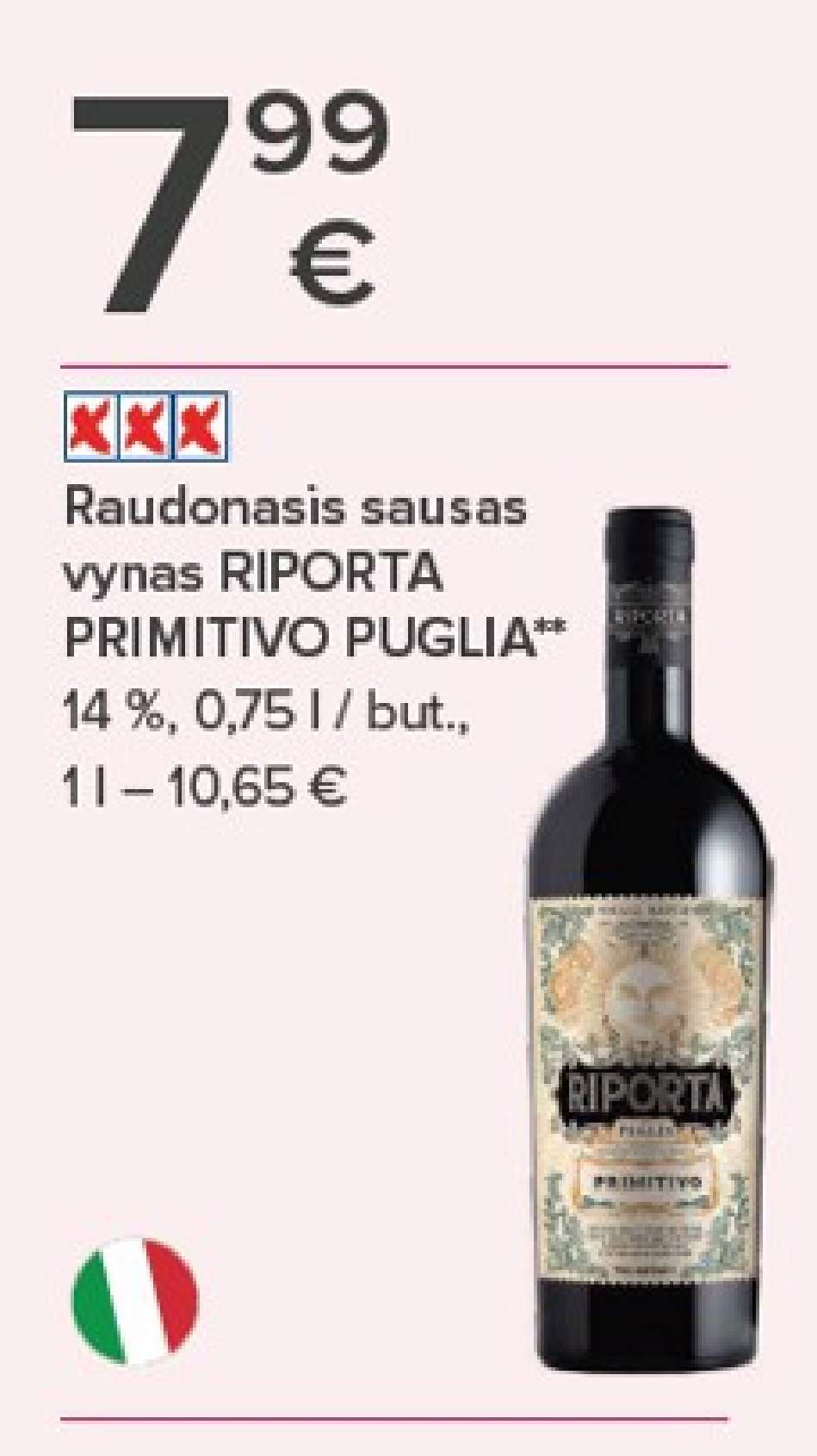 Raudonasis sausas vynas RIPORTA PRIMITIVO PUGLIA, 0.75 l
