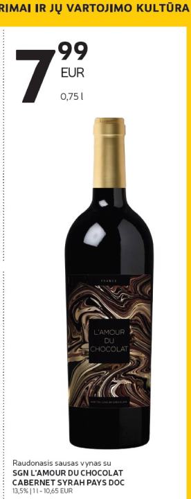 Raudonasis sausas vynas su SGN L'AMOUR DU CHOCOLAT CABERNET SYRAH PAYS DOC, 0.75 l