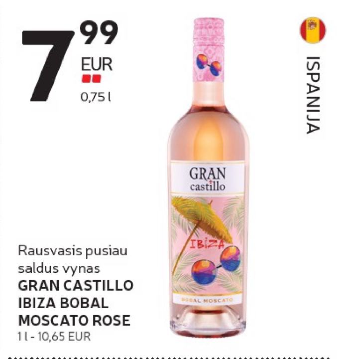 Rausvasis pusiau saldus vynas GRAN CASTILLO IBIZA BOBAL MOSCATO ROSE, 0.75 l