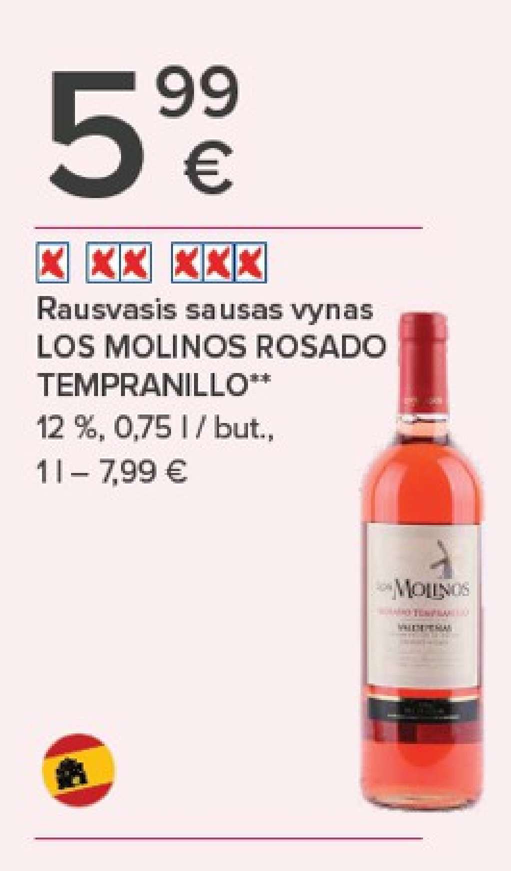 Rausvasis sausas vynas LOS MOLINOS ROSADO TEMPRANILLO, 0.75 l