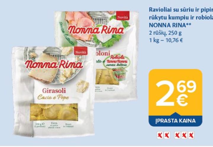 Ravioliai su sūriu ir pipirais; rūkytu kumpiu ir robiola NONNA RINA, 250 g