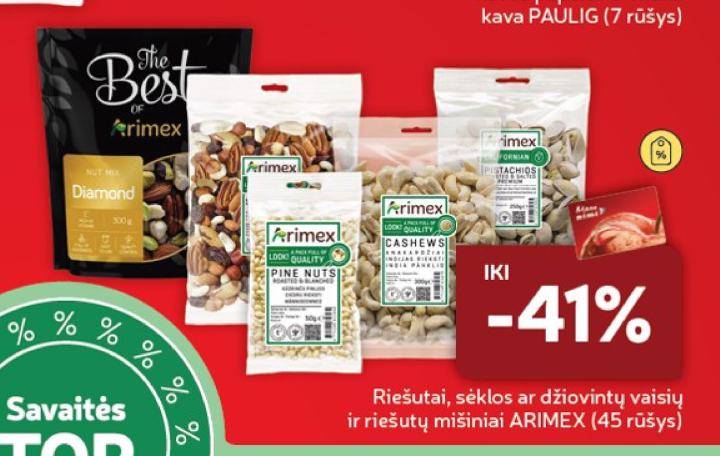 Riešutai, sėklos ar džiovintų vaisių ir riešutų mišiniai ARIMEX