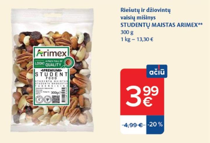 Riešutų ir džiovintų vaisių mišinys STUDENTŲ MAISTAS ARIMEX, 300 g