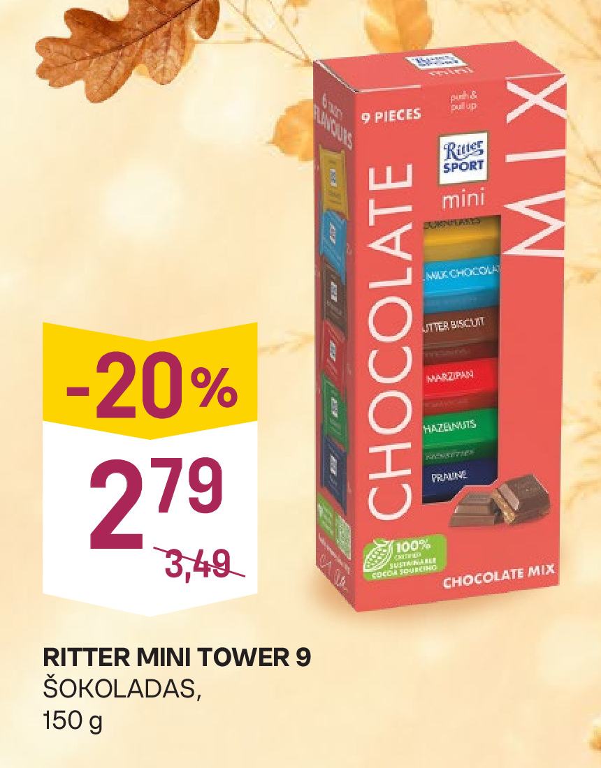 RITTER MINI TOWER 9 ŠOKOLADAS, 150 g
