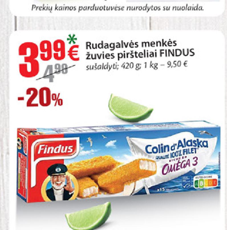 Rudagalvės menkės žuvies piršteliai FINDUS, 420 g