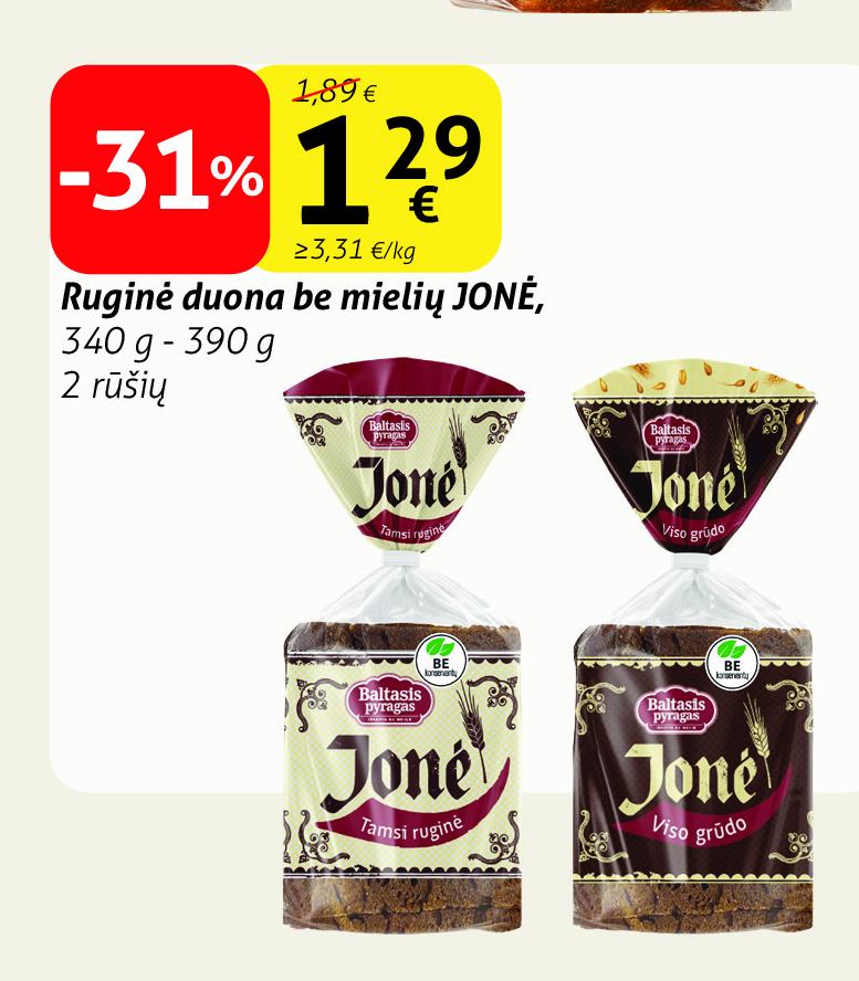 Ruginė duona be mielių JONĖ, 340 g - 390 g