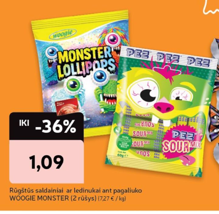 Rūgštūs saldainiai ar ledinukai ant pagaliuko WOOGIE MONSTER