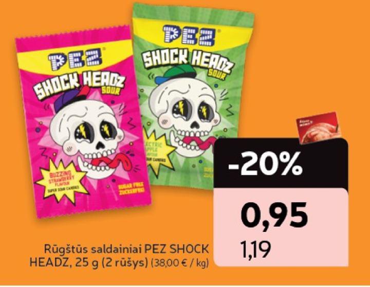 Rūgštūs saldainiai PEZ SHOCK HEADZ, 25 g