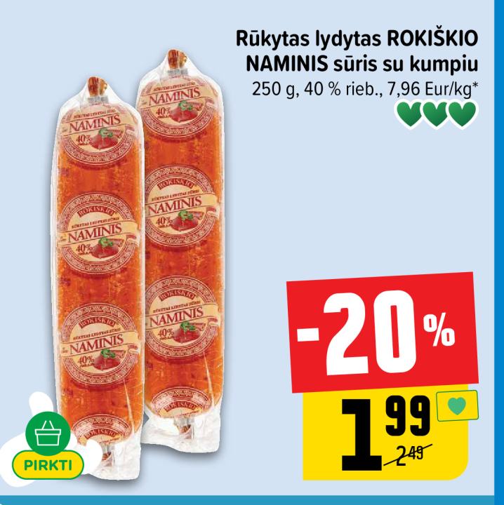 Rūkytas lydytas ROKIŠKIO NAMINIS sūris su kumpiu, 250 g