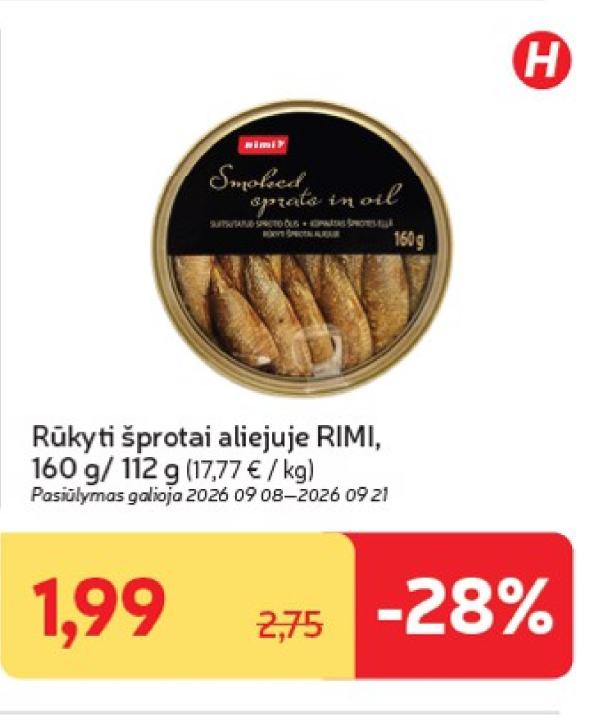 Rūkyti šprotai aliejuje RIMI, 160 g