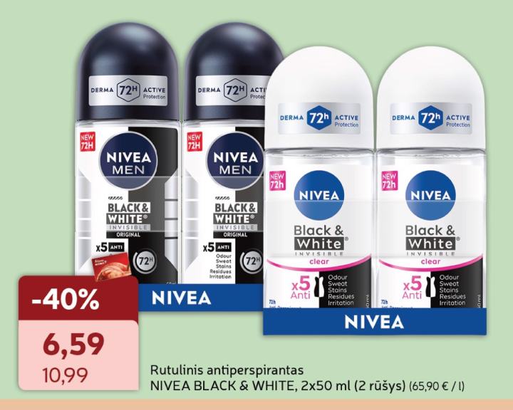 Rutulinis antiperspirantas NIVEA BLACK & WHITE, 2 x 50 ml