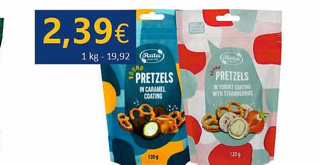 Rutuliukai „Pretzels“ su karameliniu glaistu / jogurtiniu glaistu ir braškėmis, 120 g