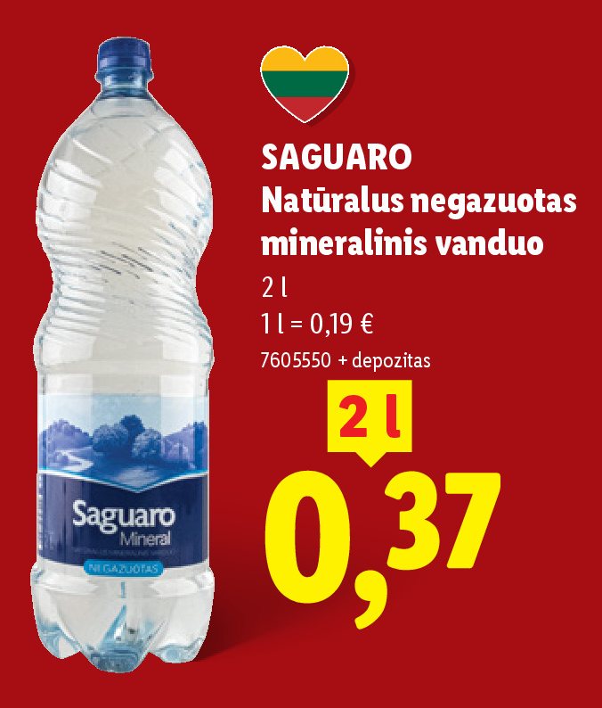 SAGUARO Natūralus negazuotas mineralinis vanduo, 2 l