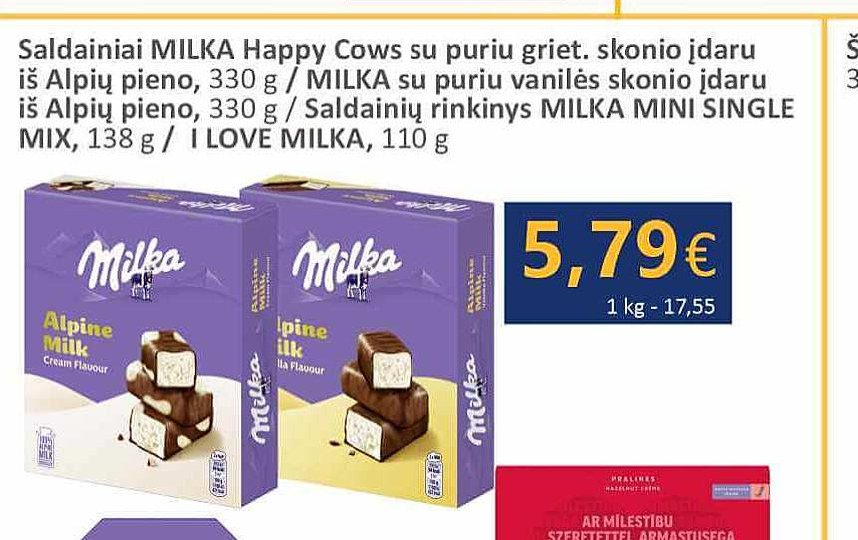 Saldainiai MILKA su puriu vanilės skonio įdaru iš Alpių pieno, 330 g