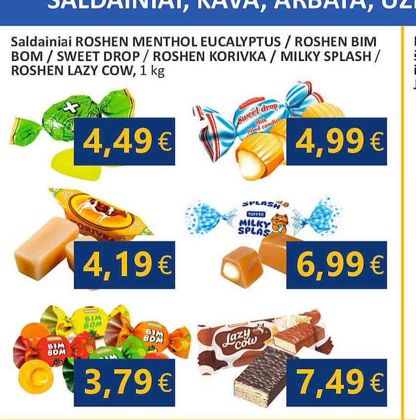 Saldainiai ROSHEN MENTHOL EUCALYPTUS / ROSHEN BIM BOM / SWEET DROP / ROSHEN KORIVKA / MILKY SPLASH / ROSHEN LAZY COW, 1 kg