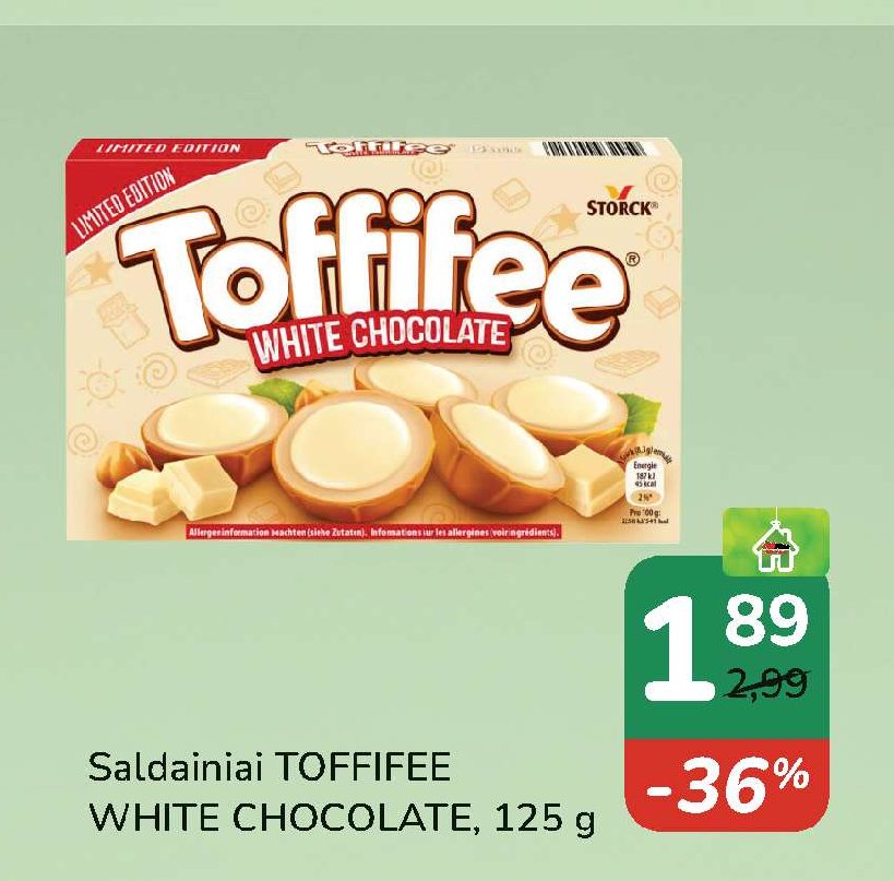 Saldainiai TOFFIFEE WHITE CHOCOLATE, 125 g