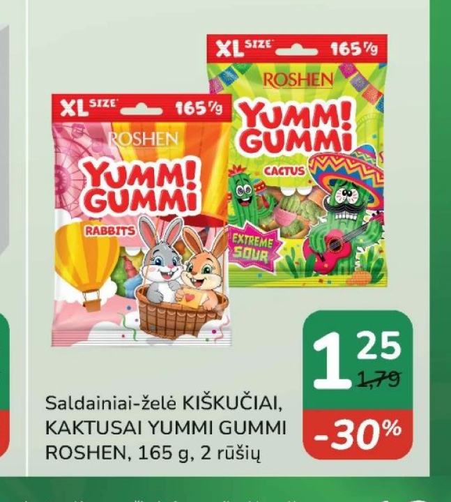 Saldainiai-želė KIŠKUČIAI, KAKTUSAI YUMMI GUMMI ROSHEN, 165 g