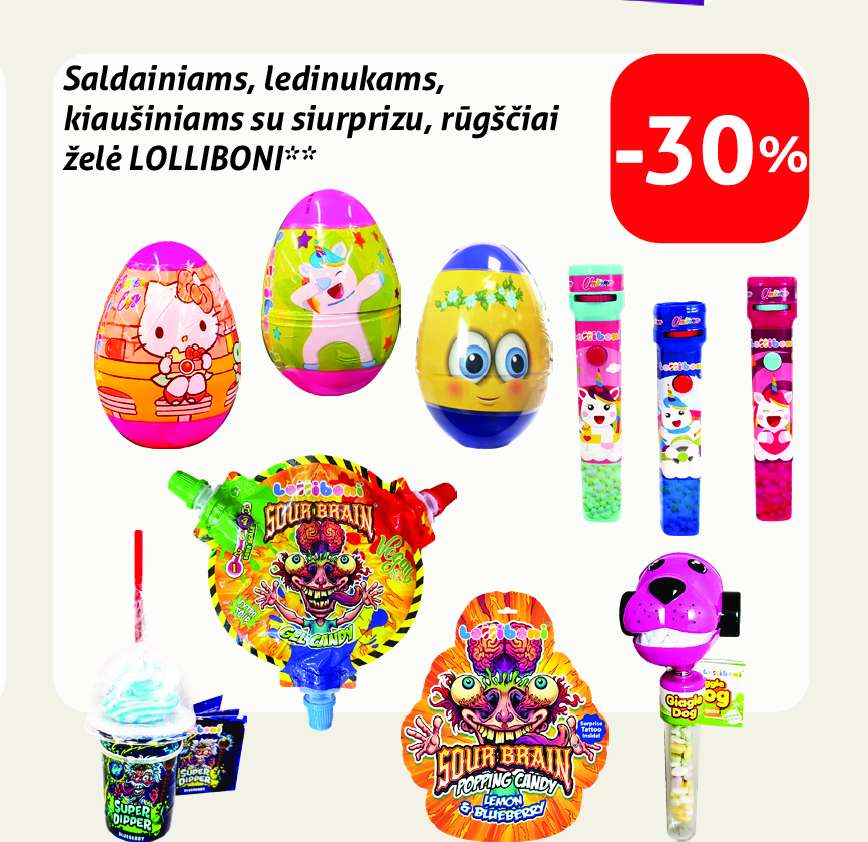Saldainiams, ledinukams, kiaušiniams su siurprizu, rūgščiai želė LOLLIBONI