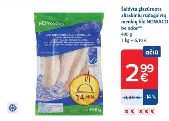 Šaldyta glazūruota aliaskinių rudagalvių menkių filė NOWACO be odos, 490 g