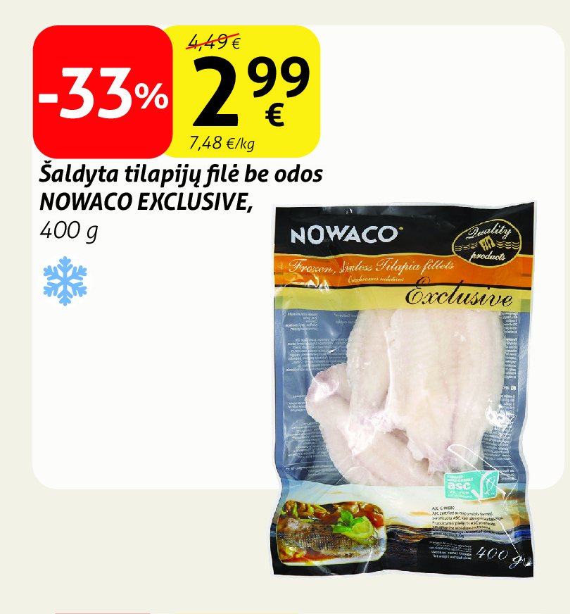 Šaldyta tilapijų filė be odos NOWACO EXCLUSIVE, 400 g