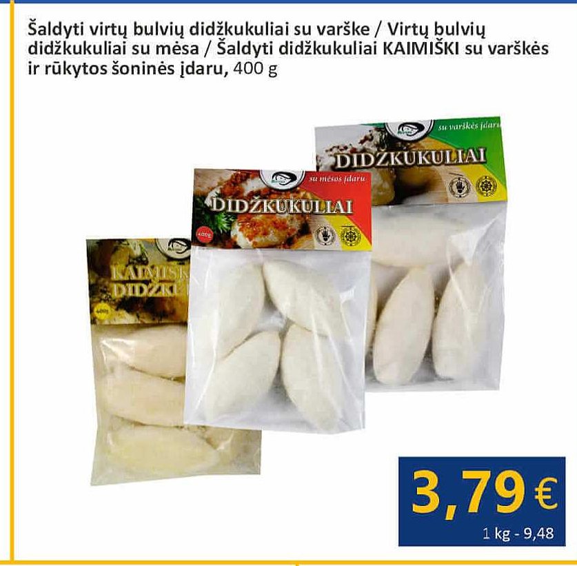 Šaldyti didžkukuliai KAIMIŠKI su varškės ir rūkytos šoninės įdaru, 400 g