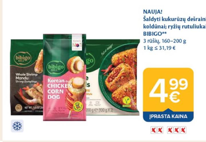 Šaldyti kukurūzų dešrainis; koldūnai; ryžių rutuliukai BIBIGO, 200 g