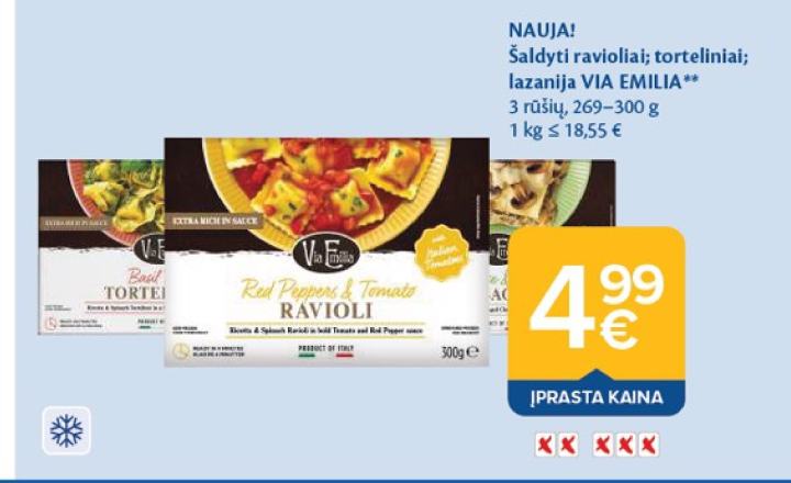 Šaldyti ravioliai; torteliniai; lazanija VIA EMILIA, 300 g