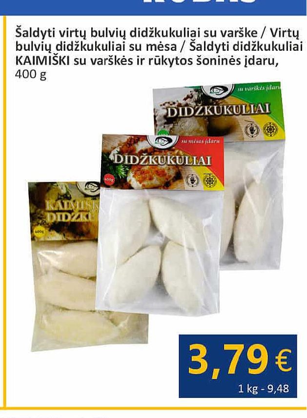 Šaldyti virtų bulvių didžkukuliai su varške / Virtų bulvių didžkukuliai su mėsa / Šaldyti didžkukuliai KAIMIŠKI su varškės ir rūkytos šoninės įdaru, 400 g