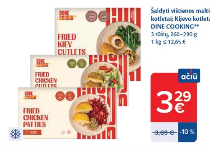 Šaldyti vištienos maltinukai; kotletai; Kijevo kotletai DINE COOKING, 290 g
