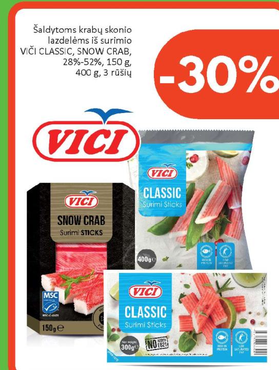 Šaldytoms krabų skonio lazdelėms iš surimio VIČI CLASSIC, SNOW CRAB, 150 g