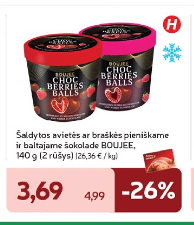 Šaldytos avietės ar braškės pieniškame ir baltajame šokolade BOUJEE, 140 g