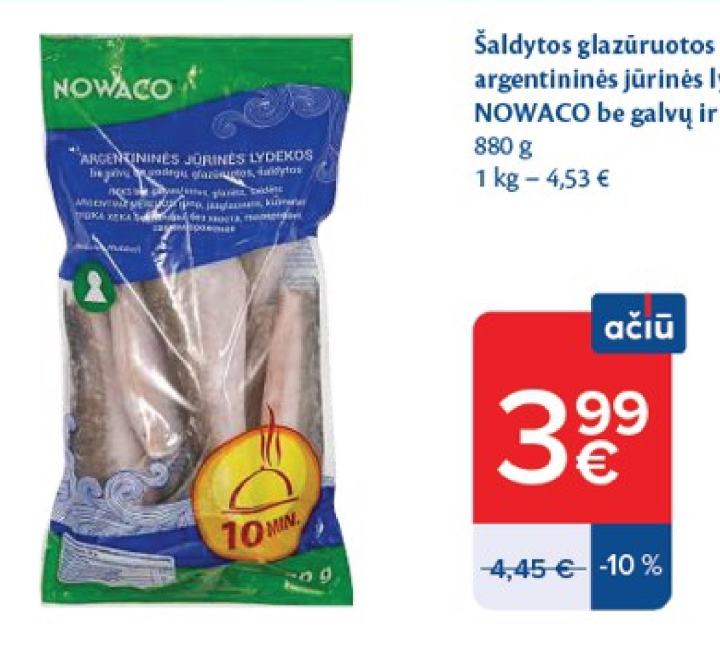 Šaldytos glazūruotos argentininės jūrinės lydekos NOWACO be galvų ir uodegų, 880 g
