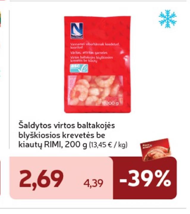 Šaldytos virtos baltakojės blyškiosios krevetės be kiautų RIMI, 200 g
