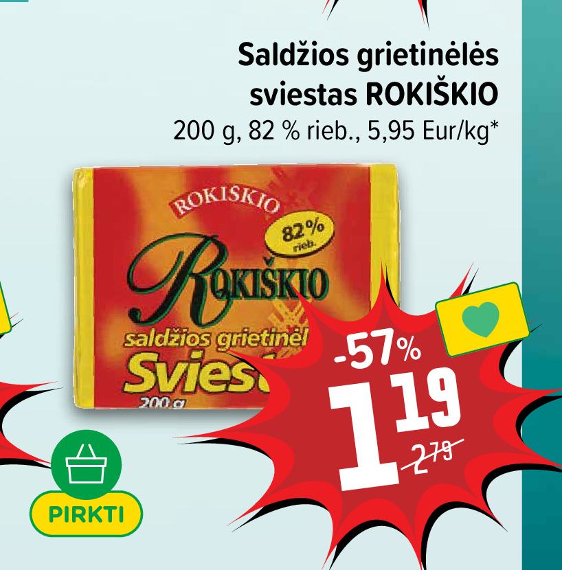 Saldžios grietinėlės sviestas ROKIŠKIO, 200 g