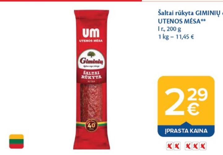 Šaltai rūkyta GIMINIŲ dešra UTENOS MĖSA, 200 g