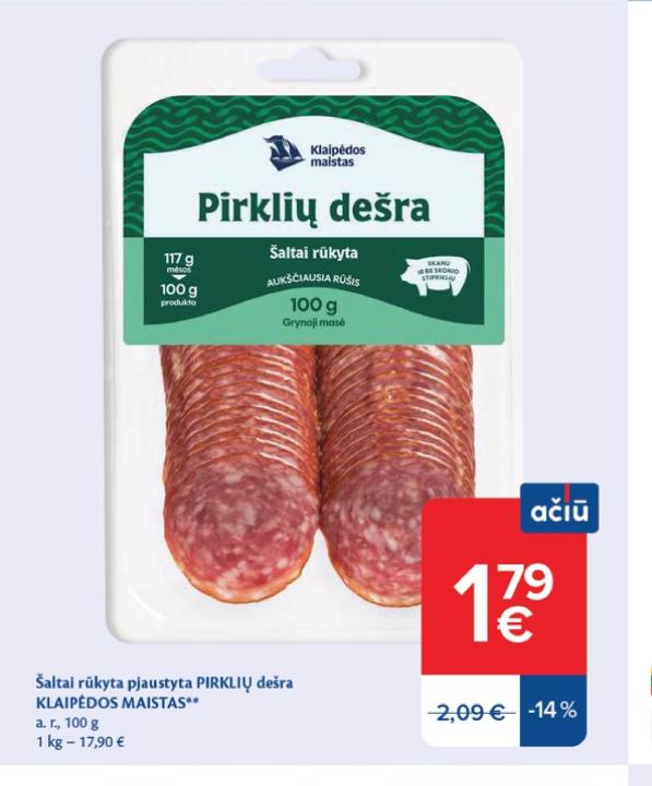 Šaltai rūkyta pjaustyta PIRKLIŲ dešra KLAIPĖDOS MAISTAS, 100 g