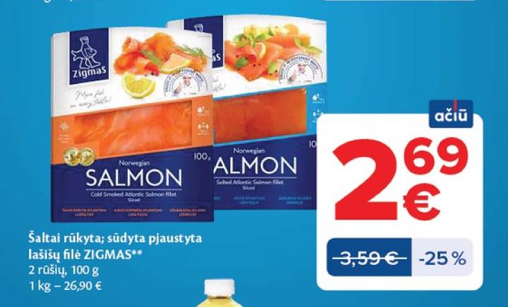 Šaltai rūkyta; sūdyta pjaustyta lašišų filė ZIGMAS, 100 g